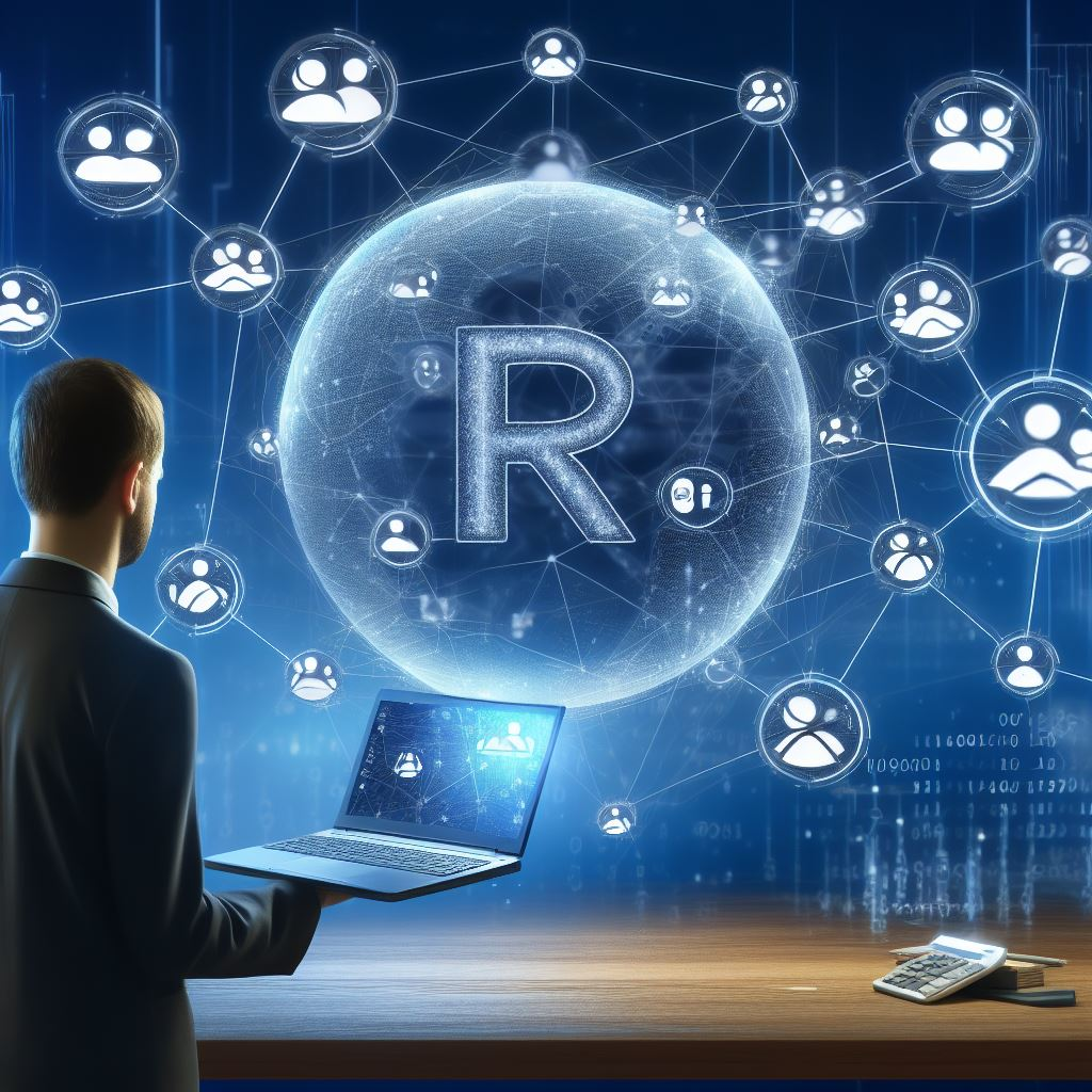 Una imagen de IA generada con Bing: Dibuja una imagen de una red social. Incluye a una persona examinando la red y sosteniendo una laptop en una mano. La laptop debería tener el logo del lenguaje de programación R.